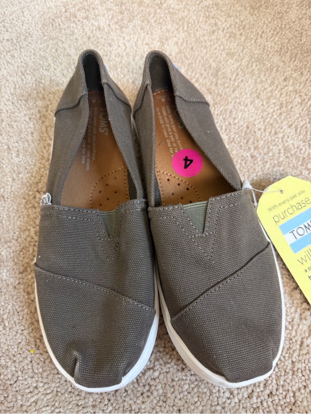 Toms Kids Canvas Slip-On Shoes in Olive Green with White Soles